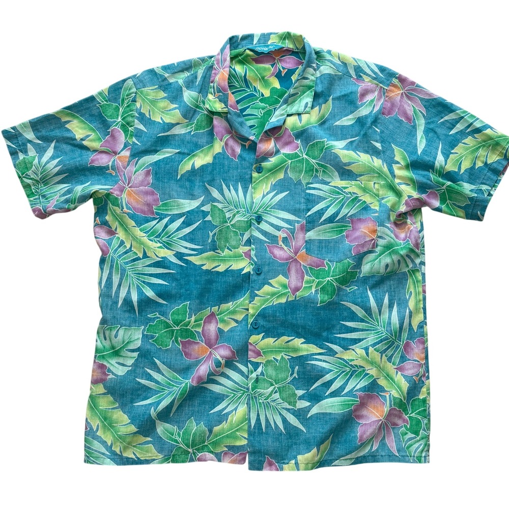 Royale Air Mens Teal Floral Hibiscus Button Up Aloha Shirt Size L